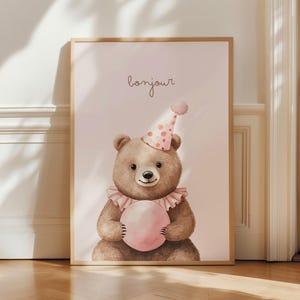 Decorazione murale a forma di orso per la cameretta dei bambini, stampa acquerello di un orsacchiotto, decorazione rosa con animali da festa, poster bonjour per la cameretta dei bambini, graziosa decorazione murale per bambina.