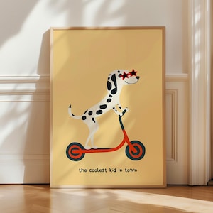 Impresión genial de perro dálmata para habitación infantil, arte de pared del niño más genial de la ciudad, póster de guardería de animales de scooter, decoración divertida de sala de juegos para niños