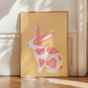 Lindo arte de pared de conejito rosa para habitación de niña, estampado de conejo con forma de corazón, póster de animalito pastel para niña, decoración de dormitorio infantil, arte para sala de juegos