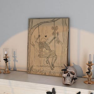 Skeleton Couple Wall Art, Gothic Love Halloween Print, Spooky Romantic Poster, Skull Couple Decor, Macabre Swing Illustration