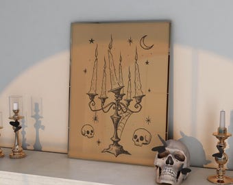 Lámina de candelabro gótico, arte de calavera espeluznante de Halloween