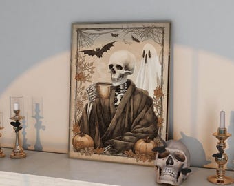Coffee Skeleton Print, Funny Halloween Wall Art, Goth Home Decor