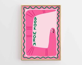 Bookworm Print, Pink Worm Reading Art, Kids Book Nook Decor