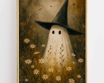 May include: A framed art print depicting a ghost in a black witch hat amidst a field of daisies. The artwork uses a soft, painterly style and muted colours, creating a gentle, slightly spooky atmosphere, perfect for Halloween.