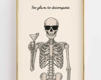 Glam Skeleton Martini Print, zabawna dekoracja na Halloween