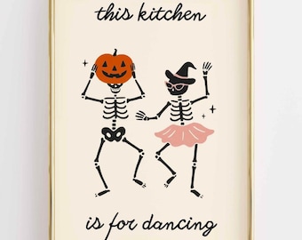 Funny Skeleton Kitchen Art Print, Halloween Pumpkin Witch Decor