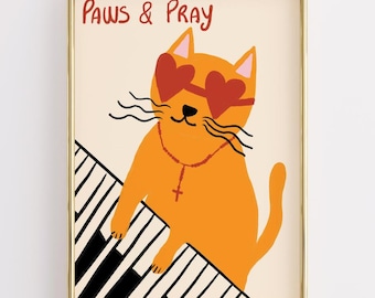 Funny Cat Piano Print, Christian Wall Art, Spiritual Pet Decor