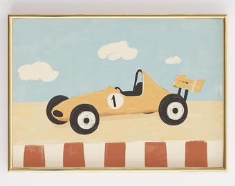 May include: A framed print of a vintage-style race car in shades of yellow, black, and white. The car has the number 1 on its side and is set against a light blue sky with white clouds. The artwork is framed in a gold-colored frame.