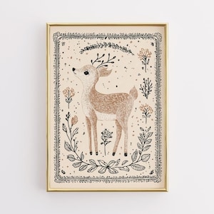 Woodland Deer Wall Art, Cute Fawn Illustration, Neutral Forest Animal Print, Rustic Nursery Decor, Botanical Wildlife Artwork for Home