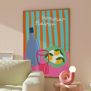 Stampa al limone dal sapore estivo, stampa artistica da parete colorata estiva preppy, poster alla moda massimalista con sole splendente, arredamento per la casa al mare, arte murale costiera