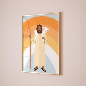 Gesù il Buon Pastore, decorazione murale stampabile cristiana, poster ispirato ai versetti della Bibbia, arte religiosa per la cameretta dei bambini, opere d'arte spirituali per la cameretta dei bambini