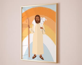 Jesus the Good Shepherd Art, Christian Nursery Decor, Bible Verse Poster