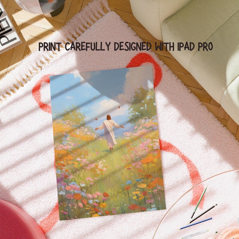 May include: A print featuring a person in a white robe walking through a field of colorful flowers. The artwork is set against a blue sky with clouds. Text at the top reads "PRINT CAREFULLY DESIGNED WITH IPAD PRO". The print is on a pink rug.