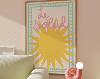 Stampa artistica Sole Giallo, decorazione estiva colorata in stile preppy