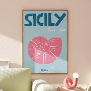 Stampa di viaggio in Sicilia, arte murale preppy, poster colorato, decorazioni per le vacanze estive, decorazioni per la camera preppy, stampa artistica da parete per dormitorio, arte murale costiera