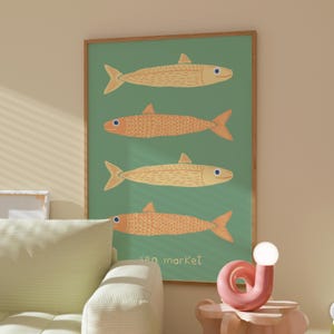 Stampa di cucina di pesce, poster retrò del mercato del mare, arte murale di frutti di mare, decorazioni di pesce costiero, parete da pranzo mediterranea, opera d'arte giocosa sull'oceano