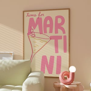 Sztuka ścienna z motywem Martini, wydruk retro z koktajlem, zabawna dekoracja baru, różowy plakat z drinkiem, sztuka vintage z alkoholem do kuchni, salonu lub na imprezę