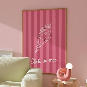 Impresión de concha de estrella de mar, arte de pared costero náutico rosa, decoración con temática de playa, ilustración de concha, póster vintage de verano francés