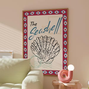 Stampa cartolina "La conchiglia", stampa artistica da parete estiva preppy colorata, poster massimalista alla moda con sole splendente, arredamento per case sulla spiaggia, arte murale costiera