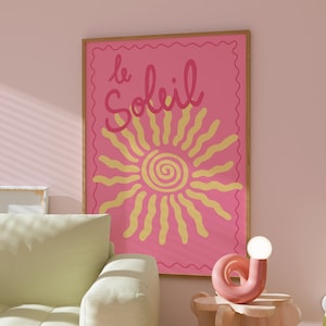 Impresión de Le Soleil, arte mural de verano francés rosa, decoración con ilustración del sol, póster de estética preppy, impresión de habitación colorida, obra de arte del sol