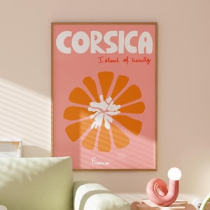 Korsika Reise-Druck, Preppy Wandkunst, buntes Poster, Sommerferien Dekor, Adrette Zimmerdeko, Wohnheim Wandkunst, Küstenwandkunst