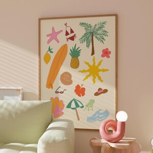 Sommer Icons Collage Print, Bunte Preppy Sommer Wand Kunst Druck, Trendy Maximalist Sunshine Poster, Strand Haus Dekor, Küstenwandkunst