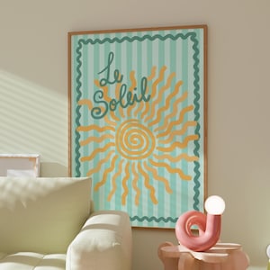 Arte de pared retro francés de Le Soleil, póster de sol colorido, impresión de verano preppy, decoración de casa de playa, obra de arte con estética a rayas