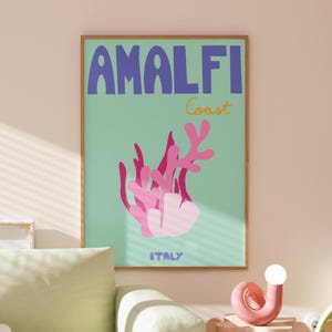 Stampa di viaggio ad Amalfi, stampa da parete preppy, poster colorato, decorazioni per le vacanze estive, decorazioni per la camera preppy, stampa da parete per dormitorio, stampa da parete costiera