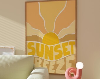 Stampa retrò con tramonto, illustrazione di sole caldo, decorazione murale in stile boho costiero.