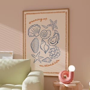 Wall Art "Island Life", poster estivo con conchiglie, decorazione per cameretta da ragazza costiera, stampa estetica preppy da spiaggia, arte trendy con conchiglie per la casa
