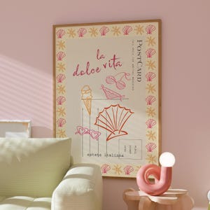 Impressão de verão "La dolce vita", arte de parede de praia italiana, pôster de óculos de sol de gelato, decoração de férias retrô, estética rosa-alaranjada, arte de cartão postal
