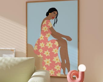 Stampa di donna con abito floreale, arte estiva colorata e soleggiata