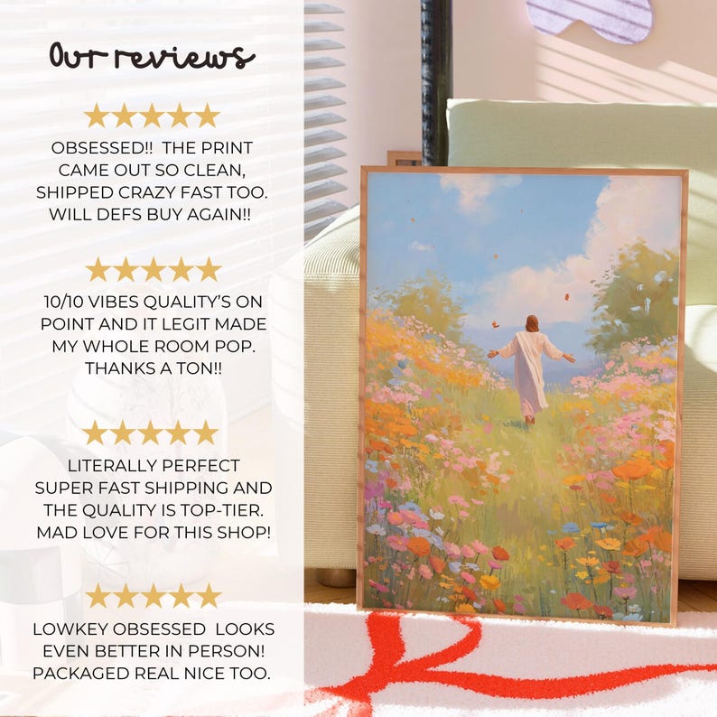 May include: A framed art print featuring a person in a white robe walking through a field of colorful flowers under a blue sky. The print is in a wooden frame. Text on the left side reads "Our reviews" and includes customer feedback.