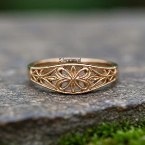Openwork Edwardian Engagement Band, Milgrain Filigree Wedding Band, Floral Motif Half Eternity Band, 14K Yellow Gold Vintage Art Deco Band