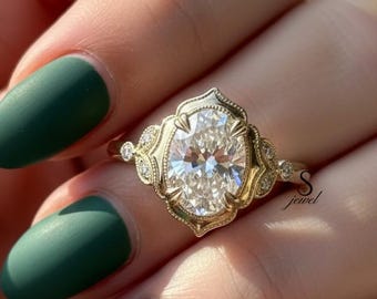 Anillo antiguo de estilo victoriano, anillo de compromiso de moissanita de corte ovalado de 2 quilates, anillo con bisel de siete piedras milgrain, anillo Art Déco de oro amarillo de 14 quilates