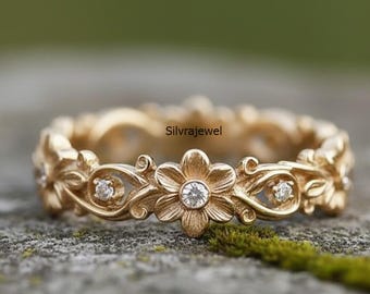 Floral & Leaf Motif Edwardian Band, Vintage Art Deco Wedding Band, Round Cut Moissanite Engagement Ring, 14K Gold Openwork Bezel Set Band