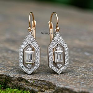 六角形のフィリグリーイヤリング、ヴィンテージアートドロップダングルイヤリング、ベゼルセットイヤリング、ミルグレインレバーバックイヤリング、ツートン925シルバーイヤリング