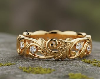 Leaf Inspired Stackable Band, Round Cut Lab Grown Diamond Engagement Ring, 14K Gold Open Work Full Eternity Band, Vintage Art Deco Band