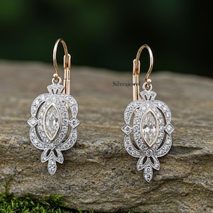 ダイヤモンドハローイヤリング、リーフモチーフのアールデコ調ドロップダングルイヤリング、エドワード朝様式のイヤリング、フィリグリーレバーバックイヤリング、ツートン925シルバー