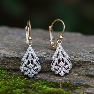 レトロ時代のステートメントイヤリング、ビクトリア朝のアールデコ調ドロップダングルイヤリング、アールヌーボー調の自然にインスパイアされたレバーバックイヤリング、ツートンカラーの925シルバー