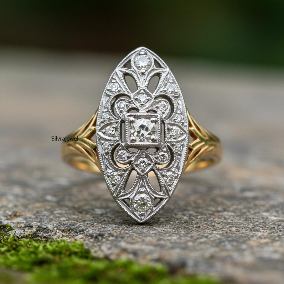 Custom Dinner Rings Long Art Deco Dinner Ring, Round Cut Moissanite Engagement Ring ...