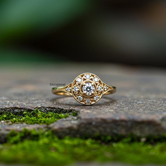 Milgrain Halo Wedding Ring, Round Moissanite Engagement Ring