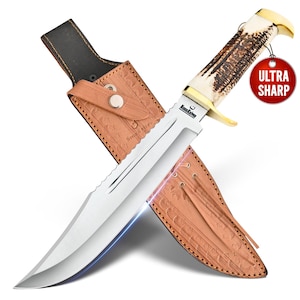 Handcrafted High Carbon Steel Bowie Knife: Stag Horn Handle, Leather Sheath