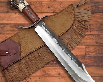 Cuchillo Bowie artesanal de acero de alto carbono con mango de cuerno de ciervo y funda de cuero de 45 cm (18 pulgadas) más larga.