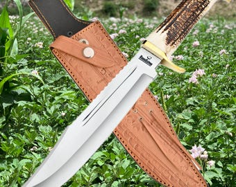 Handcrafted High Carbon Steel Bowie Knife: Stag Horn Handle, Leather Sheath