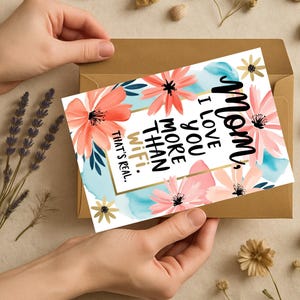 Tarjeta divertida para el Día de la Madre: "Mamá, te quiero más que al wifi". Tarjeta moderna y adorable para mamás geniales. Tarjeta de felicitación divertida para ella.
