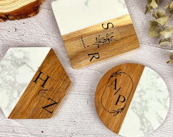 Posavasos personalizados de mármol y madera Posavasos de madera y mármol Regalo de cumpleaños grabado La mejor opción para bodas/compromisos/posavasos/aniversarios
