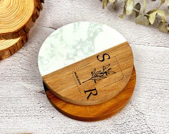 Posavasos personalizados de mármol y madera Posavasos de madera y mármol Regalo de cumpleaños grabado La mejor opción para bodas/compromisos/posavasos/aniversarios
