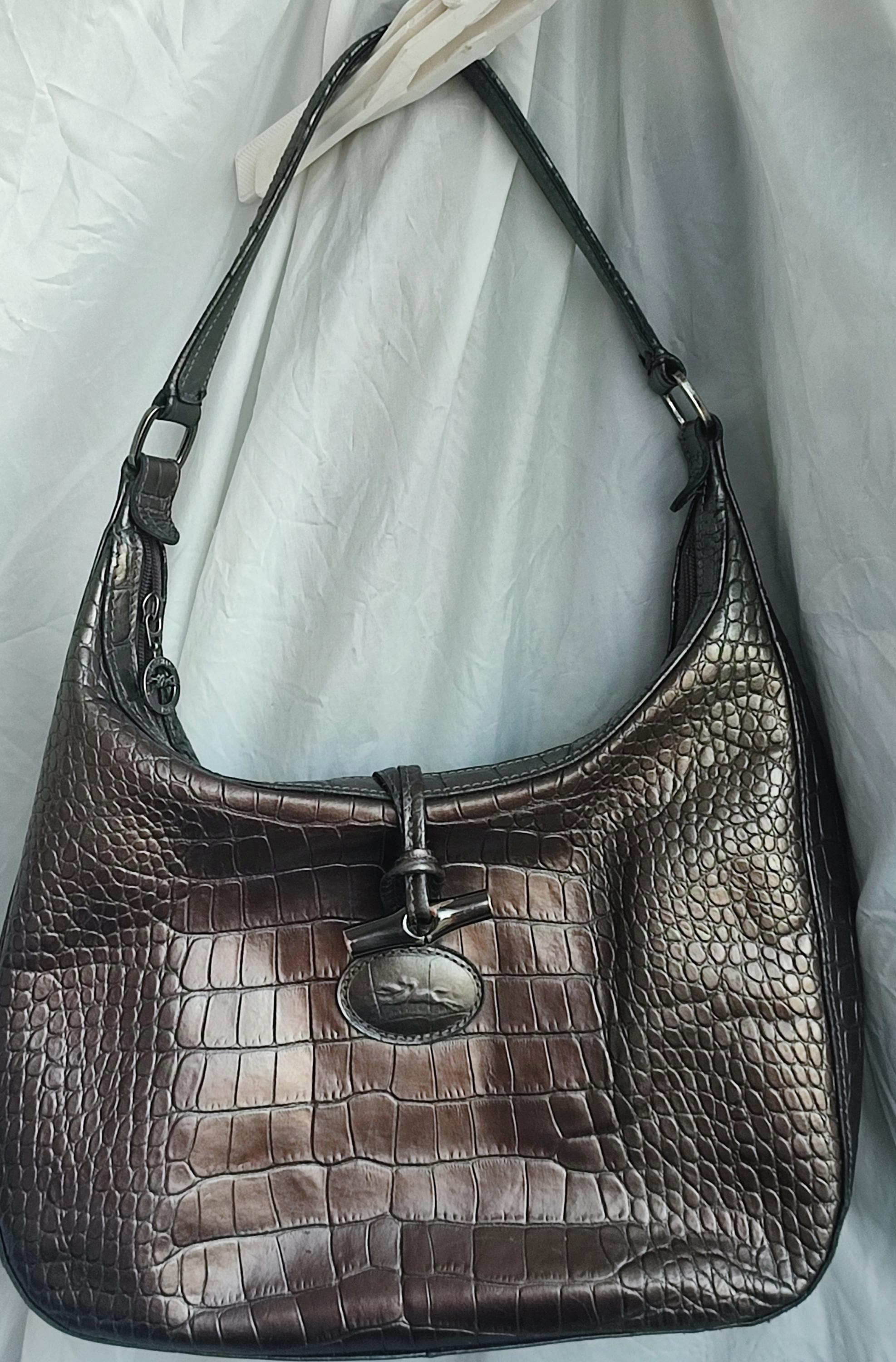 Vintage Longchamp Roseau Shoulder Brown Bag,croco Embossed Leather 