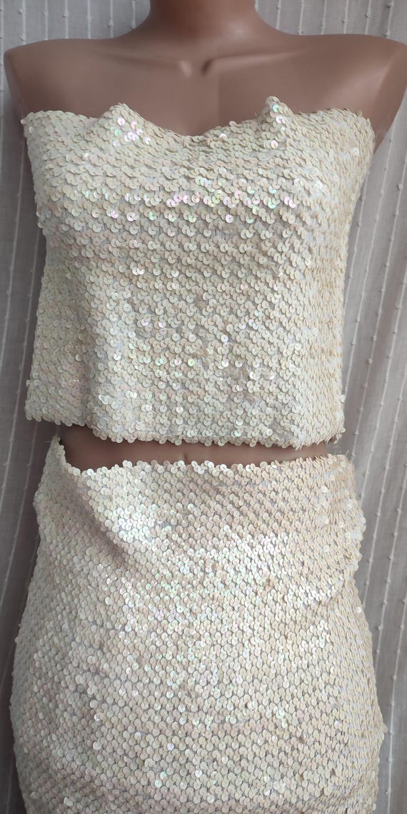 Aquagirl by Fayçal Amor iridescent sequined ivory mini skirt and krop tube top